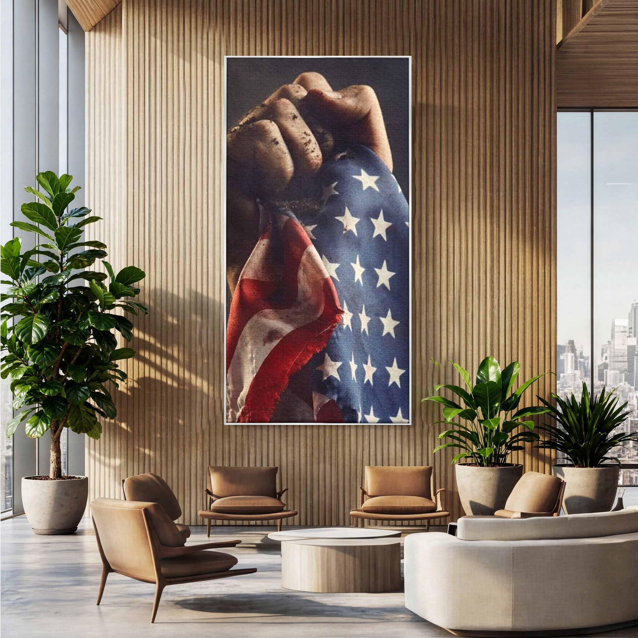 Tablou canvas cu tablou canvas cu mana murdara tinand steagul sua, in rama de aluminiu argintiu, pe perete intr-un birou